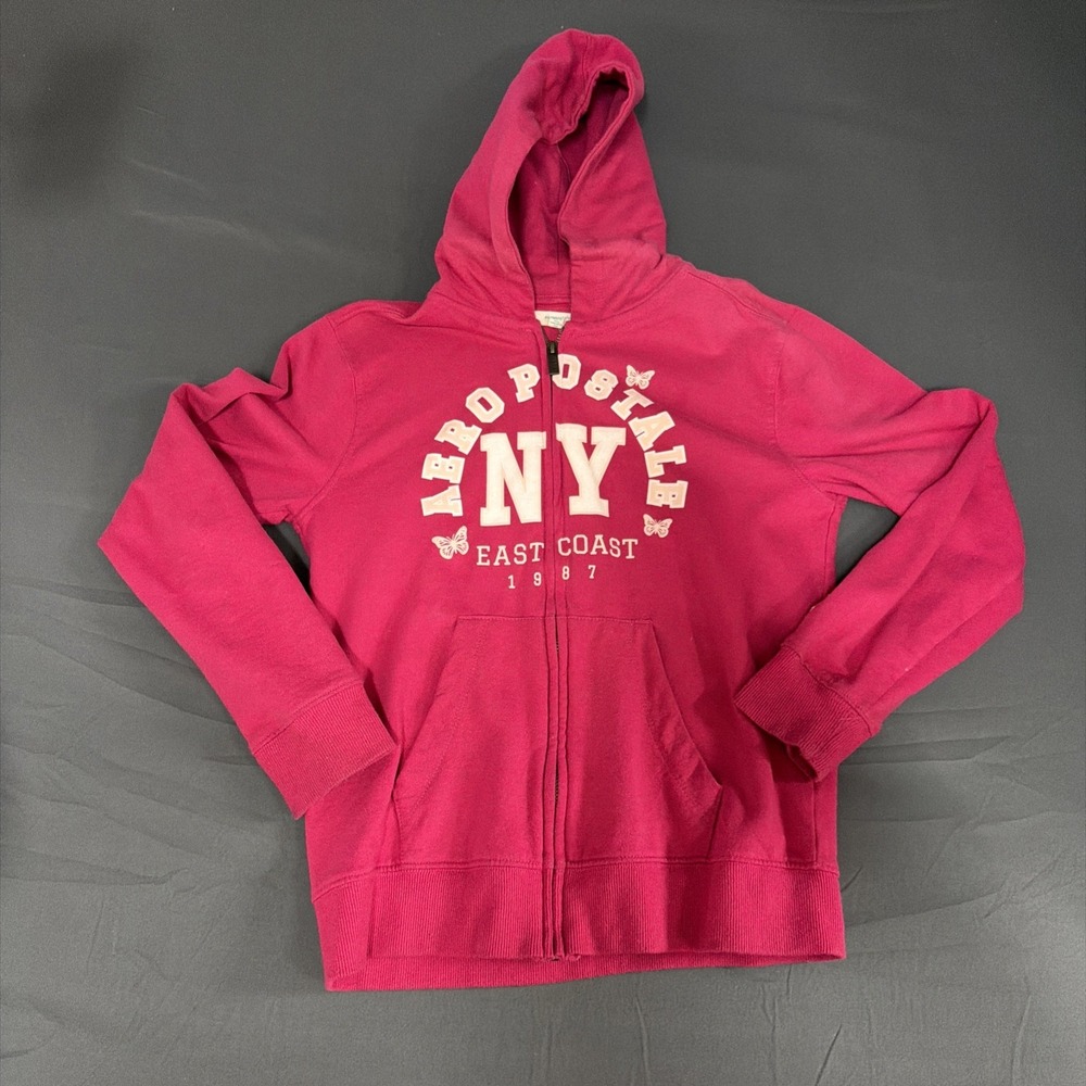 vibrant pink Aéropostale full-zip hoodie featuring a white "NY East Coast 1987"